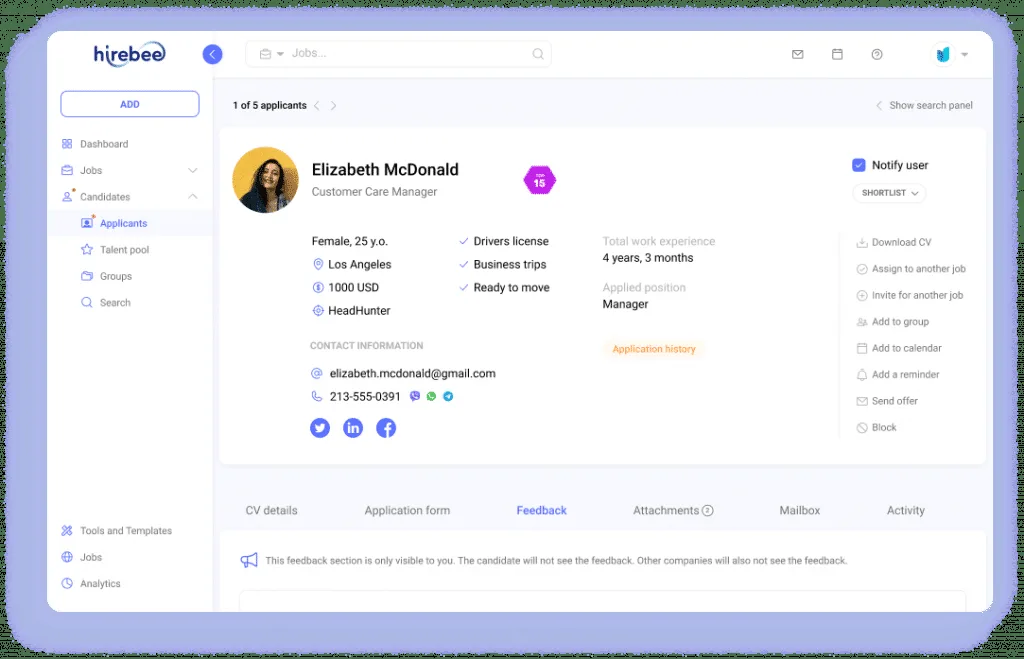 Candidate profile page with the full information in the Hirebee dashboard.