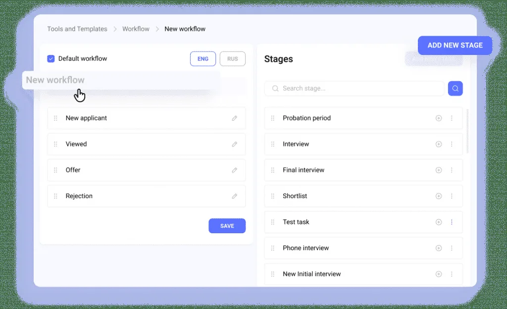 Hiring workflow creation process in Hirebee dashboard.