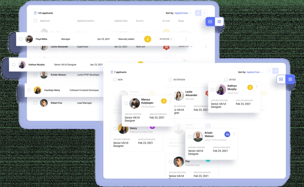 Different candidate database with scores and iformation in the Hrebee dashboard