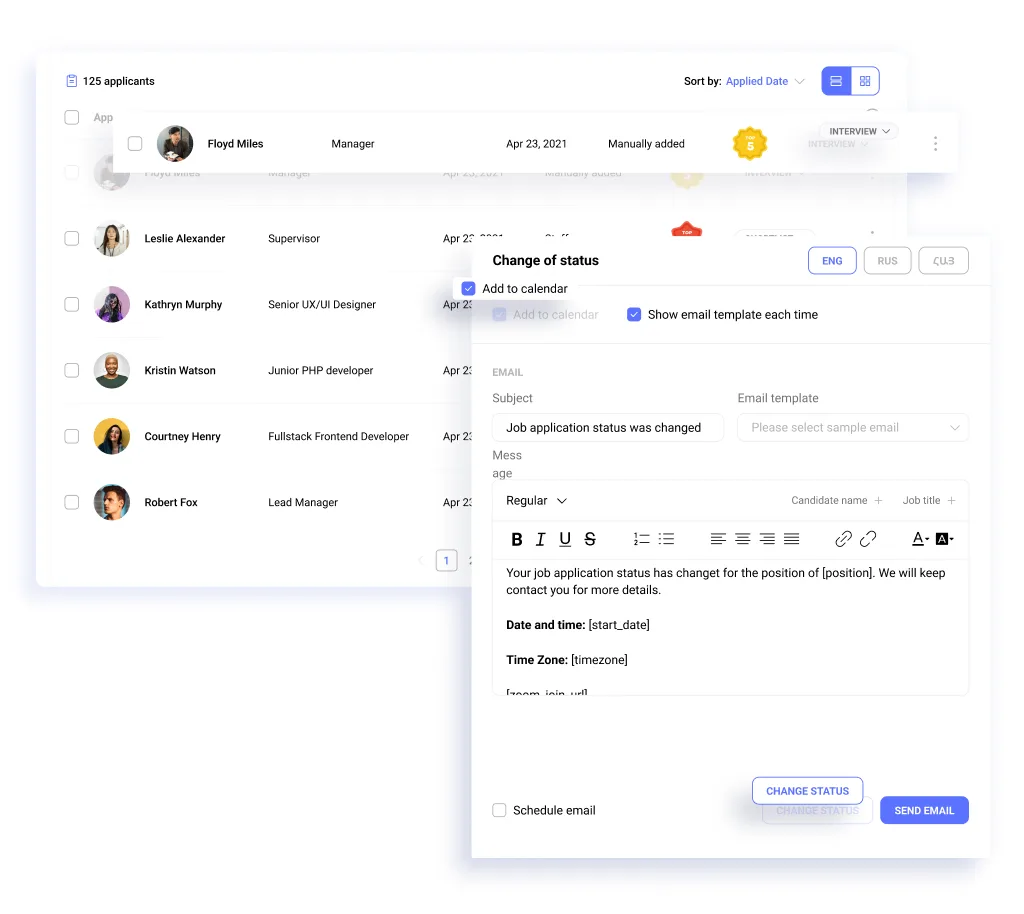 Hirebee's platform where the status of applicants is updated and automated emails are sent for interview invitations. 