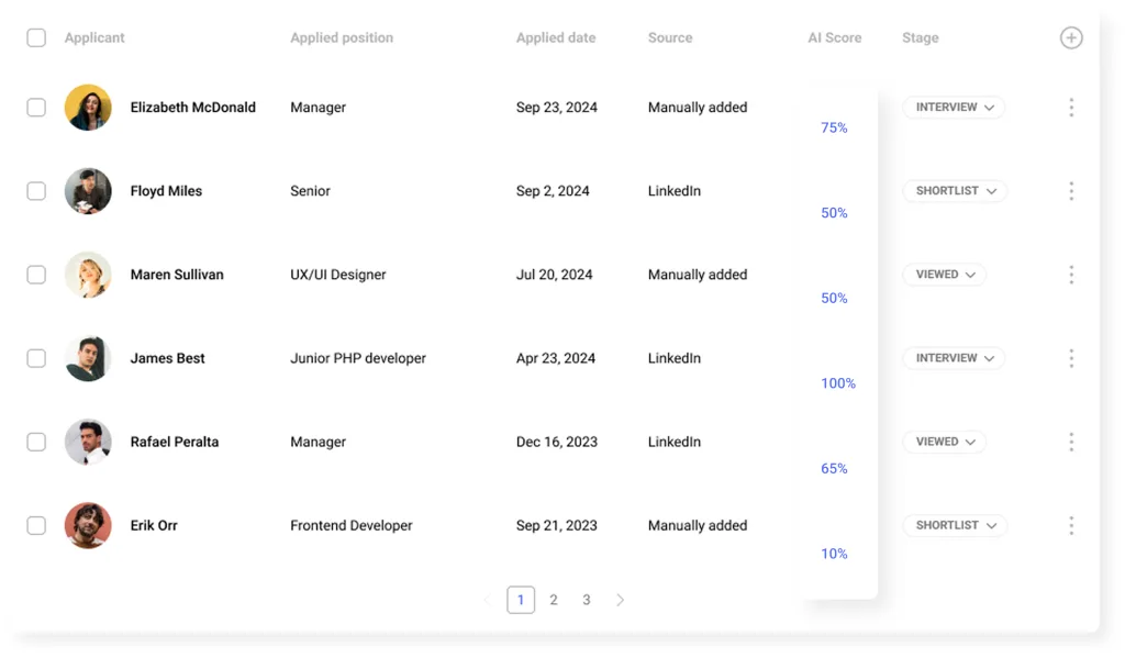 Hirebee applicants dashboard with highlighted AI scores for smarter, faster hiring decisions. Easily track candidate stages, sources, and match quality in one view.