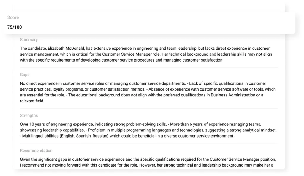 Hirebee’s AI-powered candidate insights with AI scores, summary evaluations, and detailed applicant information to reduce bias. 