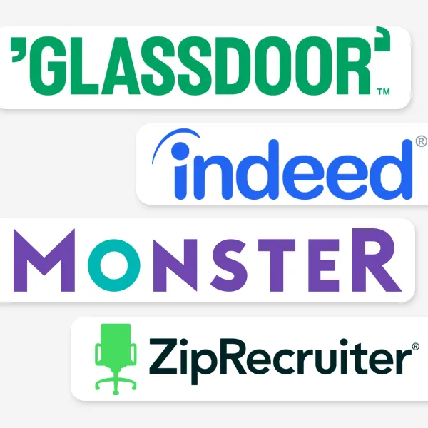 The logos of popular job boards: Glassdoor, Indeed, Monster, and ZipRecruiter, representing key platforms for candidate sourcing.