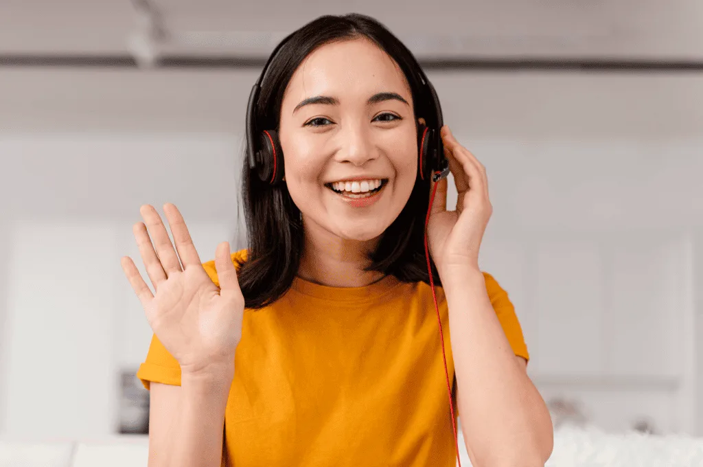 Woman with Headset on a Video Call