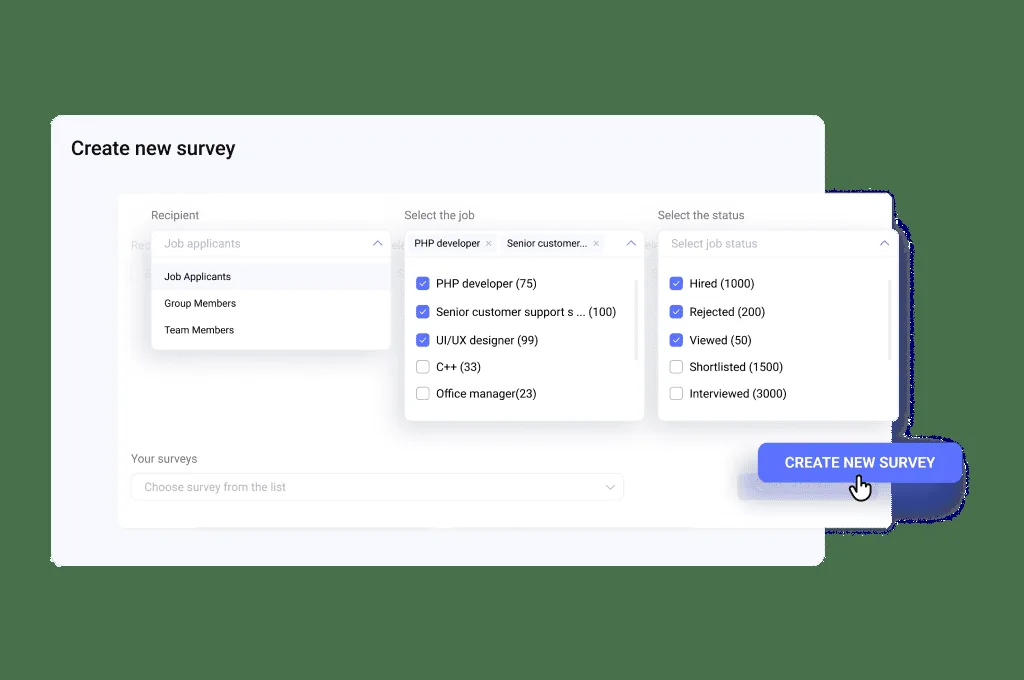 Hirebee dashboard showing how to create new survey form. 