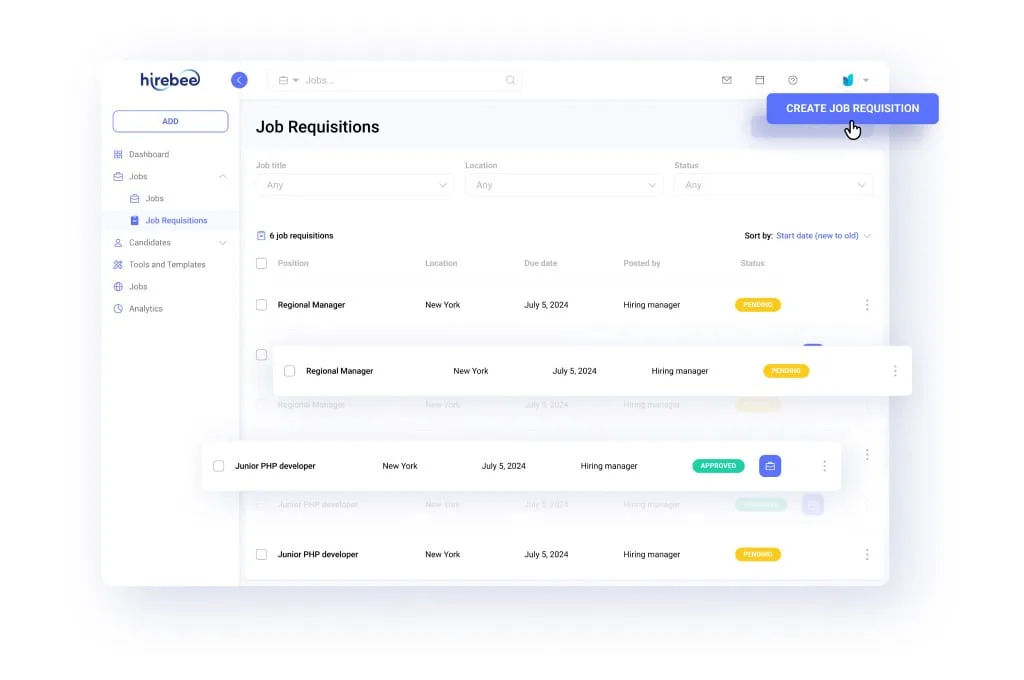 Interface of the Hirebee platform demonstrating how to post a job requisition.