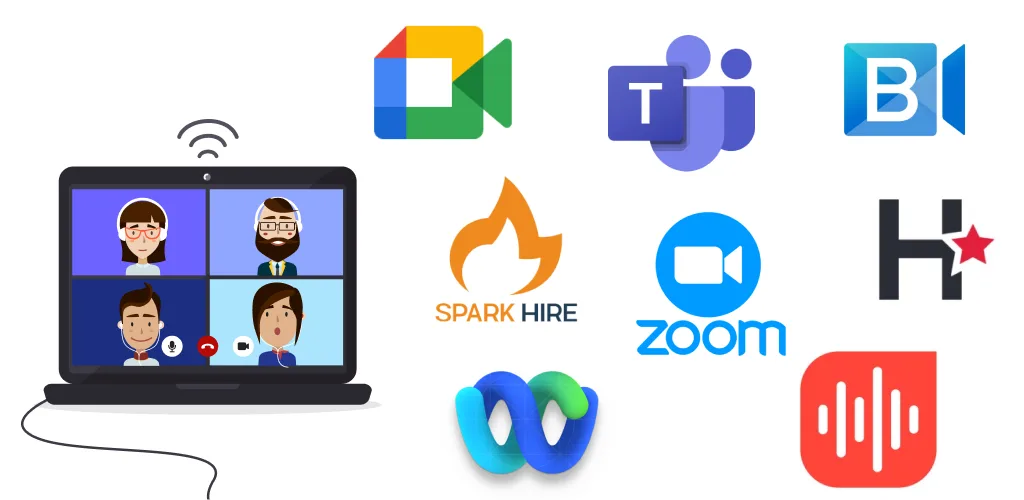 Laptop screen showing a virtual interview with four participants, surrounded by logos of video conferencing tools like Zoom, Google Meet.