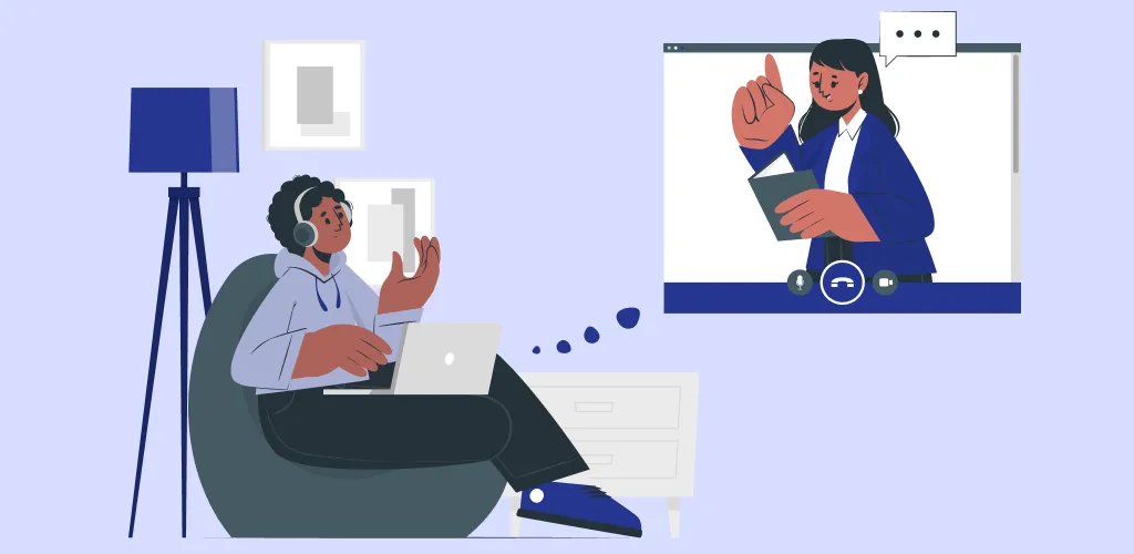 Illustration of a virtual interview showing a man with a laptop engaging in a video call with a woman.