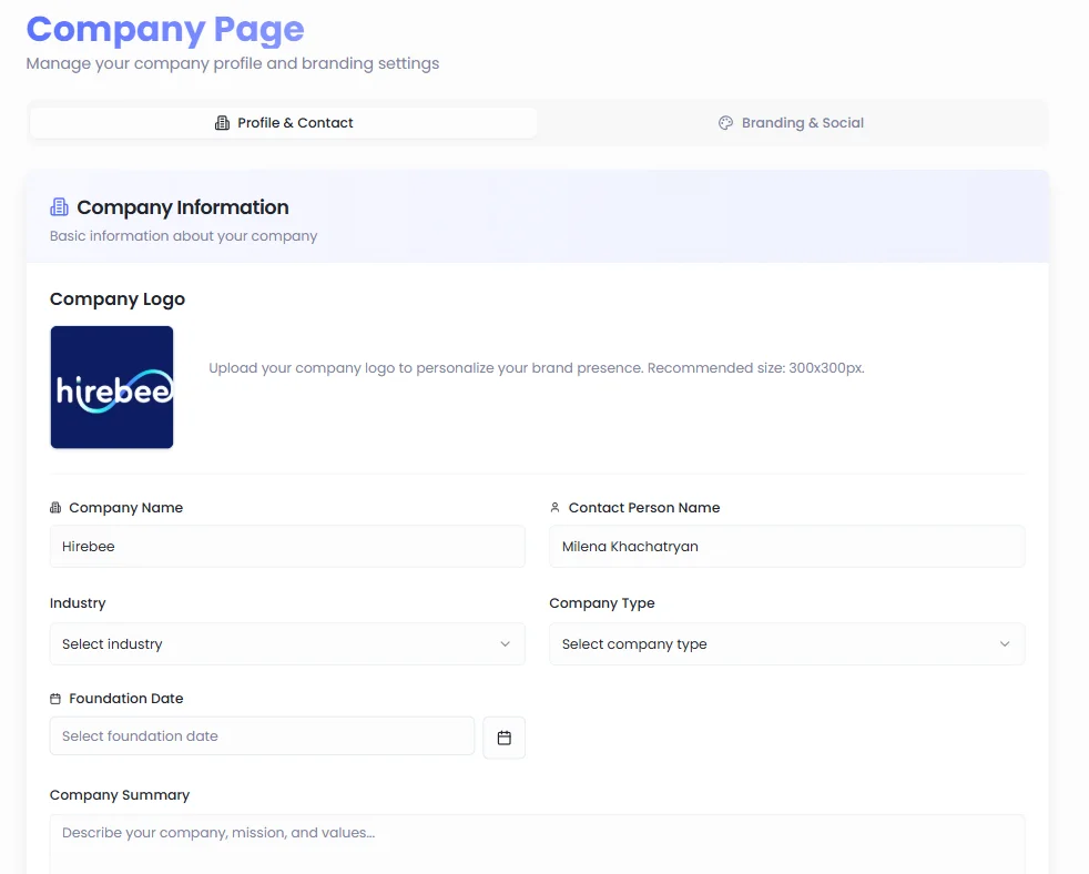 Company Information - Hirebee Feature